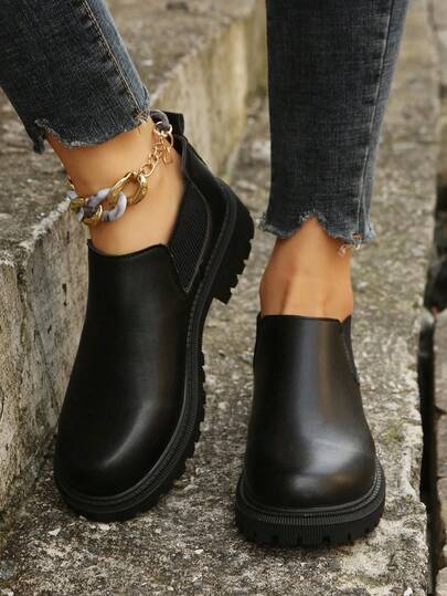 Botas de Tobillo Casuales para Mujer, Negras de PU Británico, Versátiles, Cómodas, Clásicas, Modernas, Planas, Transpirables, Resistentes al Desgaste, con Doble Cremallera