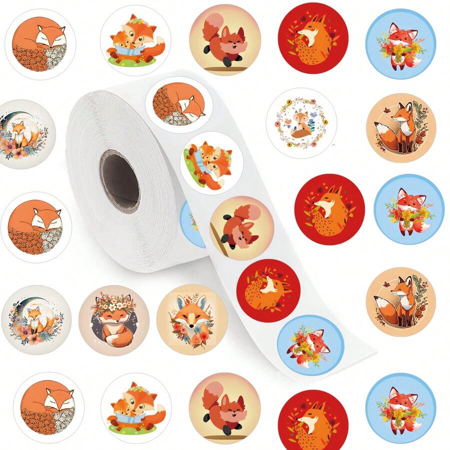 500pcs/Roll Cartoon Fox Washi Tape Stickers, Aesthetic 1 Inch With 10 Patterns Per Label Sticker Roll For Scrapbooking Self-Adhesive Sealing Stationery Cards Envelopes, Party Supplies Rewards Encouragement - Black - View 1