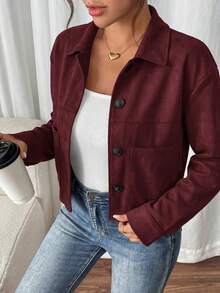 Women's Faux Suede Cropped Jacket Casual Fall Fashion Button Down Winter Coats Outerwear Clothes Christmas New Years Outfit Women - 酒紅色 - 查看 4