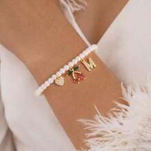 1pc Classic Initial Heart Cherry Pendant Beaded Bracelet For Women - White - View 1