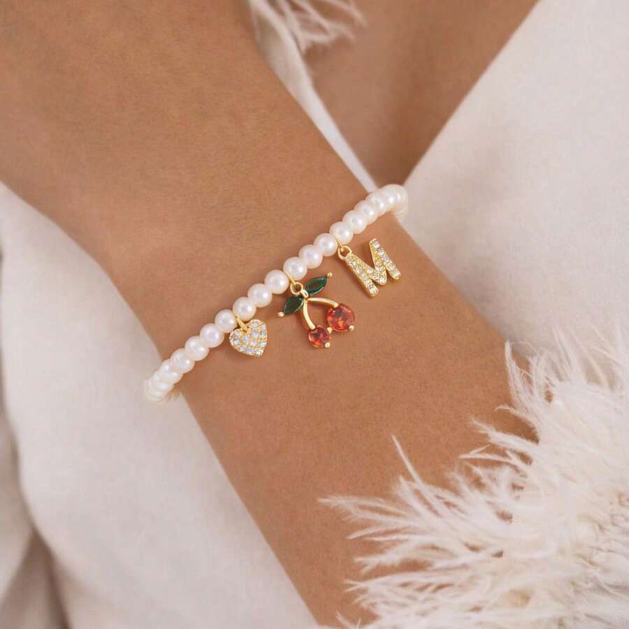 1pc Classic Initial Heart Cherry Pendant Beaded Bracelet For Women - White - View 1