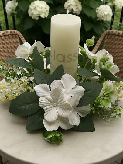 人造绣球花尤加利叶蜡烛环，家居装饰，房间装饰，乡村风春夏仿真塑料植物，银叶花环，室内外适用，复活节斋月祝福