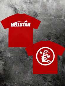 Y2K Tops, Flame & Star Double Sided Print T-Shirt, Streetwear, Digital Print, Edgy, Casual, Summer,   For Men - Đỏ - Xem 1