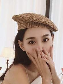 Womens Summer Straw Crochet Thin Beret Hat Fixed Pleated French Artist Painter Hat Beanie Caps - 卡其色 - 查看 3