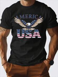 New Men's 100% Cotton T-Shirt With  Design - White Patriotic Short Sleeve T-Shirt With American Flag Design, Comfortable Casual Summer Wear, Suitable For Independence Day And Everyday Patriotism, American Flag Clothing - 黑色 - 查看 1