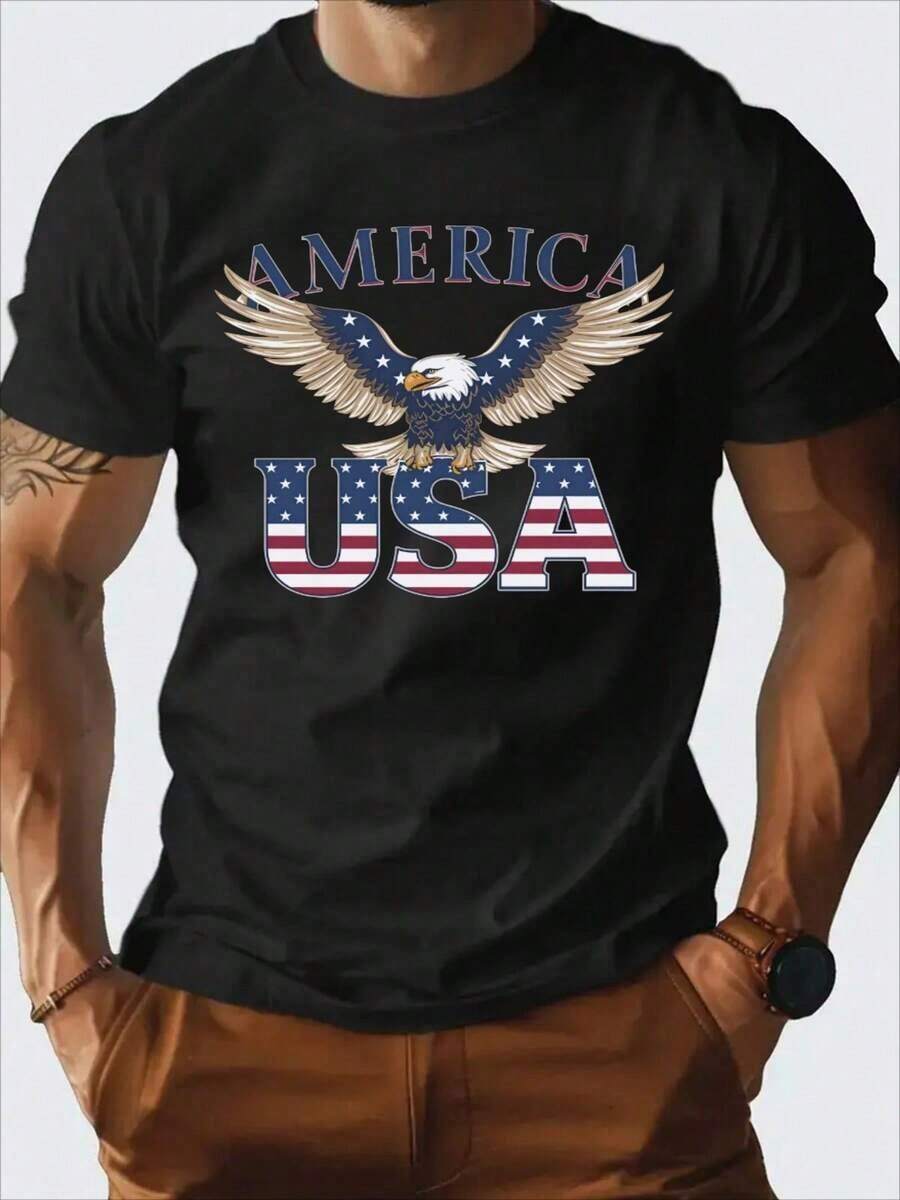 New Men's 100% Cotton T-Shirt With Design - White Patriotic Short Sleeve T-Shirt With American Flag Design, Comfortable Casual Summer Wear, Suitable For Independence Day And Everyday Patriotism, American Flag Clothing - 黑色 - 查看 1
