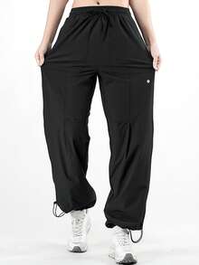 女士速干徒步裤，冰丝阔腿裤，可调节裤脚和抽绳腰带，弹力工装裤，适合露营 - 黑色 - 查看 6