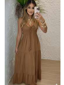Women's Long Dress, Flowing Style, Thin Straps, V-Neck With Front Tie, Elastic Back - Fits Sizes 36 To 42. - 摩卡棕 - 查看 2