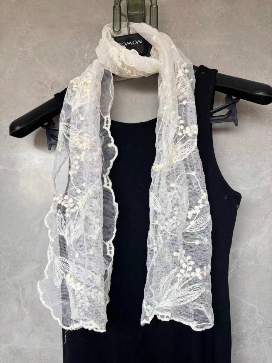 1 chiếc khăn choàng cổ họa tiết Paisley thanh lịch bằng polyester (chất liệu polyester) kiểu Hàn Quốc, màu trơn, thêu ren, khăn quàng cổ trang trí đa năng, khăn dài nhiều chức năng, phù hợp cho mọi mùa. - Màu be - Xem 1