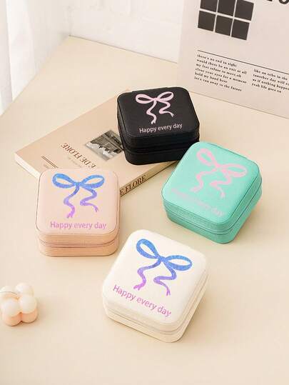 Cute Bow Print Minimalist Jewelry Box, Portable PU Jewelry Storage Box, Summer Travel Jewelry Organizer, Mini Jewelry Case Suitable For Earrings, Necklaces, Rings, Jewelry Display And Storage, Large Capacity Jewelry Box, Suitable For Earrings, Rings, Necklaces, Bracelets, Manicure Supplies, Women's Gifts, Storage And Organization, Travel Essential, Dorm Room Storage, Holiday Gift