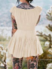 Women Summer Short Dress Solid Color Ruched Bust Boat Neck Off Shoulder Puff Sleeve A-Line One Piece For Ladies - Apricot - View 6