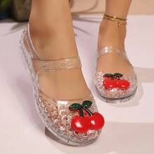 Women's Cherry Pattern Decor PVC Bottom Transparent Heel Sandals, Cute White Hollow Breathable Platform Wedge Sandals For Summer - White - View 11