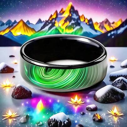 8毫米黑色304不锈钢结婚戒指，饰以绿色漩涡图案——舒适时尚，适合日常佩戴或参加派对，是送给爱人的完美情人节礼物，也是派对配饰、现代珠宝的理想之选，做工精良。