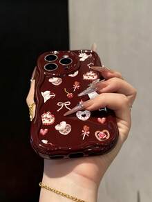 Cake Cream Wavy Edge Burgundy Minimalist Shockproof Thick Phone Protective Case With Printed Design, Suitable For IPhone 17/17 Pro/17 Pro Max, 16 XR/7/8, 15 Pro Max, 12 Pro Max, 13 Pro Max, 14 Pro Max, 13, 14, 11, 12, P11, P12, XS, XR, 7/8 Plus, 7/8 GES2 - Multicolor - View 2