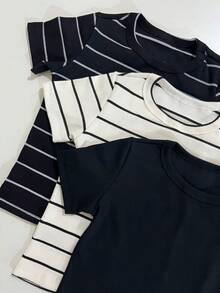 Women's Ribbed Cotton Striped Basic Two-Tone T-Shirt - Casual Autumn/Winter/Summer American Style - 黑色條紋 - 查看 5