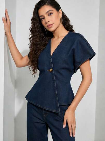 Blusa para mujer musulmana, camisa elegante de manga de murciélago de mezclilla