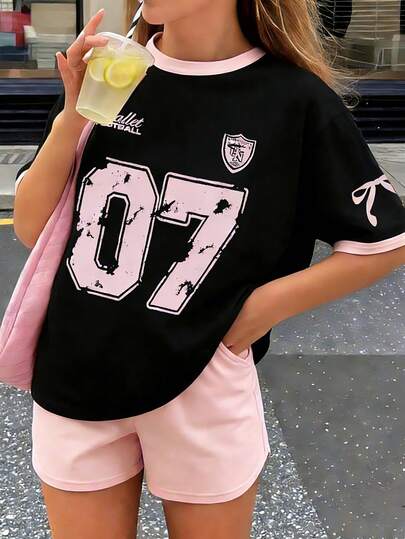 Tween Girls' Butterfly Print Contrast Color Short Sleeve T-Shirt, Student Young Children's Wear, Summer Top For Girls Ready To Play