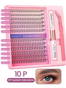 240片装假睫毛嫁接套装，DIY单根假睫毛，含粘合剂和镊子，10D/20D/30D自然长毛蓬松假睫毛，仿貂毛材质，美妆工具 - 黑色 - 查看 2