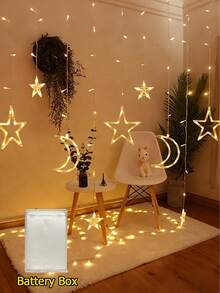 Star & Moon Shaped Decorative String Lights, Battery Powered, Suitable For Party, Wedding, Birthday Occasions, Can Be Used As Curtain Lights, Bedroom Star & Moon Lights, Student Apartment Decor, Indoor & Outdoor Decoration, Shining Wedding Garden And Room Decor - Đèn rèm hình sao và mặt trăng - Xem 13