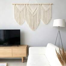 1 tấm tranh treo tường Macrame, trang trí tua rua phong cách Bohemian, ghép từ các thanh gỗ, dệt thủ công khổ lớn, dùng làm phông nền đầu giường. - Màu be - Xem 6