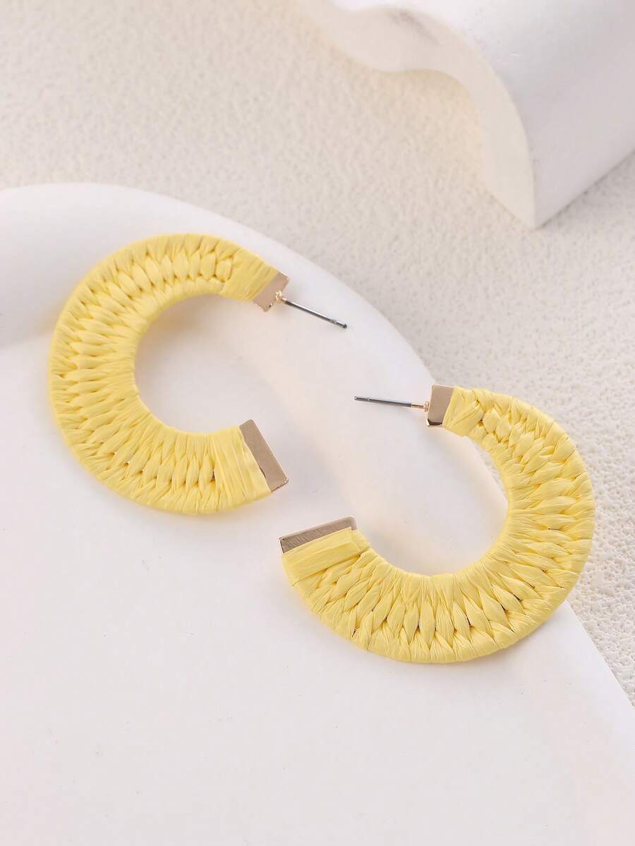 1 Pair New Exaggerated INS Style Raffia Woven C-Shaped Yellow Retro Elegant Hoop Earrings, Suitable For Women's Spring/Summer Vacation, Gatherings, And As Gifts - Yellow - View 1