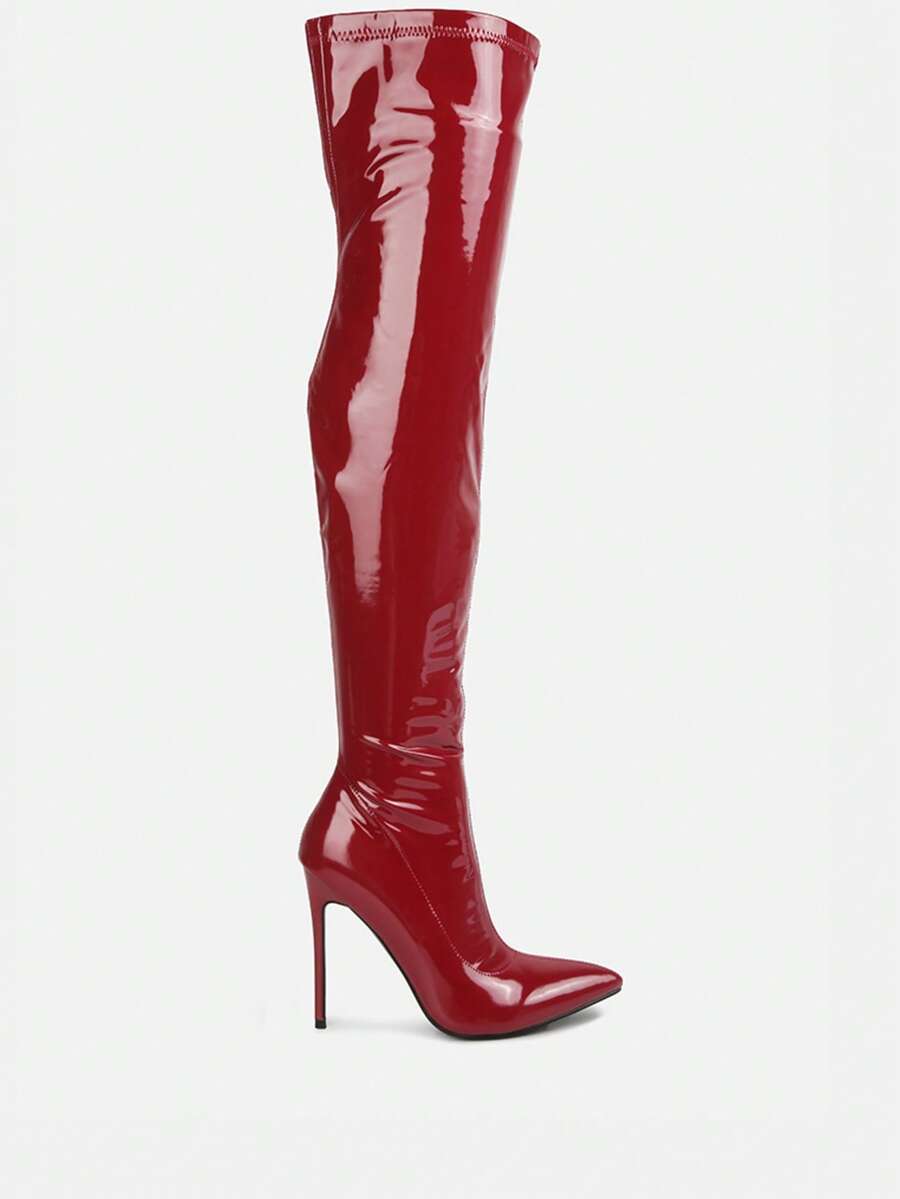 Riggle Long Patent Pu High Heel Boots - Burgundy - View 1