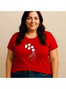 Camiseta Plus Size Feminina Algodão 100% Estampada Finger Heart Dorama Coreano Kpop Básica Premium Gola Redonda Manga Curta Casual Streetwear Academia Confortável G1 ao G5 - Vermelho - Visão 2