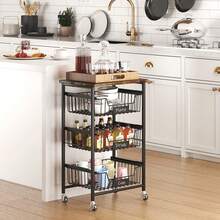 Carro de 4 Niveles, Carro Estrecho de Cocina con Ruedas, con Asa, para Espacio Reducido, para Cocina, Baño, Salón,Estudio, Marrón Rústico y Negro - Negro - Ver 5