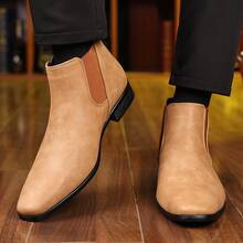 Men's Suede Chelsea Ankle Boots, Elastic Side Panels Back Pull Tab Non-Slip Wear-Resistant Sole Comfortable Business Casual Dress Boots For Daily Commute, Office Work, Fall Winter Wear And Formal & Casual Occasions - 淺棕色 - 查看 3