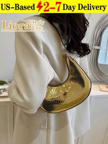 [US-Based Shipping]1pc Crocodile Embossed Gold Crescent Shaped Bag, Metal Lock Closure, PU Leather Zipper Elegant Handbag/Shoulder Bag For Women, Suitable For Daily Use, Shopping, Dating, Party , Gold Bag,Crossbody Bags For Women,Bags For Women,Clutch Purse For Women,Bolsos De Mujer Elegantes,Handbags For Women,Carteras De Mujer Elegantes,Travel Essential - 金色 - 查看 2