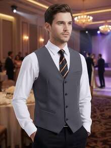 男士修身西装马甲，休闲伴郎马甲，新郎马甲，商务宴会，春秋季礼服马甲 - 灰色 - 查看 4
