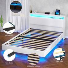 Double Bed Frame With LED Lighting, USB Type-C Charging Function, Storage Headboard, 4FT6 Double Bed Storage Bed Frame With Metal Slatted Frame, Linen, No Mattress, 135x190cm, Beige - UK Plug(220-240V) - View 8