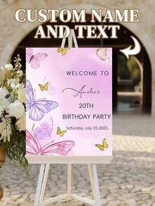 Cartel de bienvenida de cumpleaños personalizado - Texto y nombre personalizados, decoración elegante con flores rosas y mariposas, decoración de fiesta de cumpleaños de tono suave para interiores/exteriores - Decoración de cumpleaños - Multicolor - Ver 12