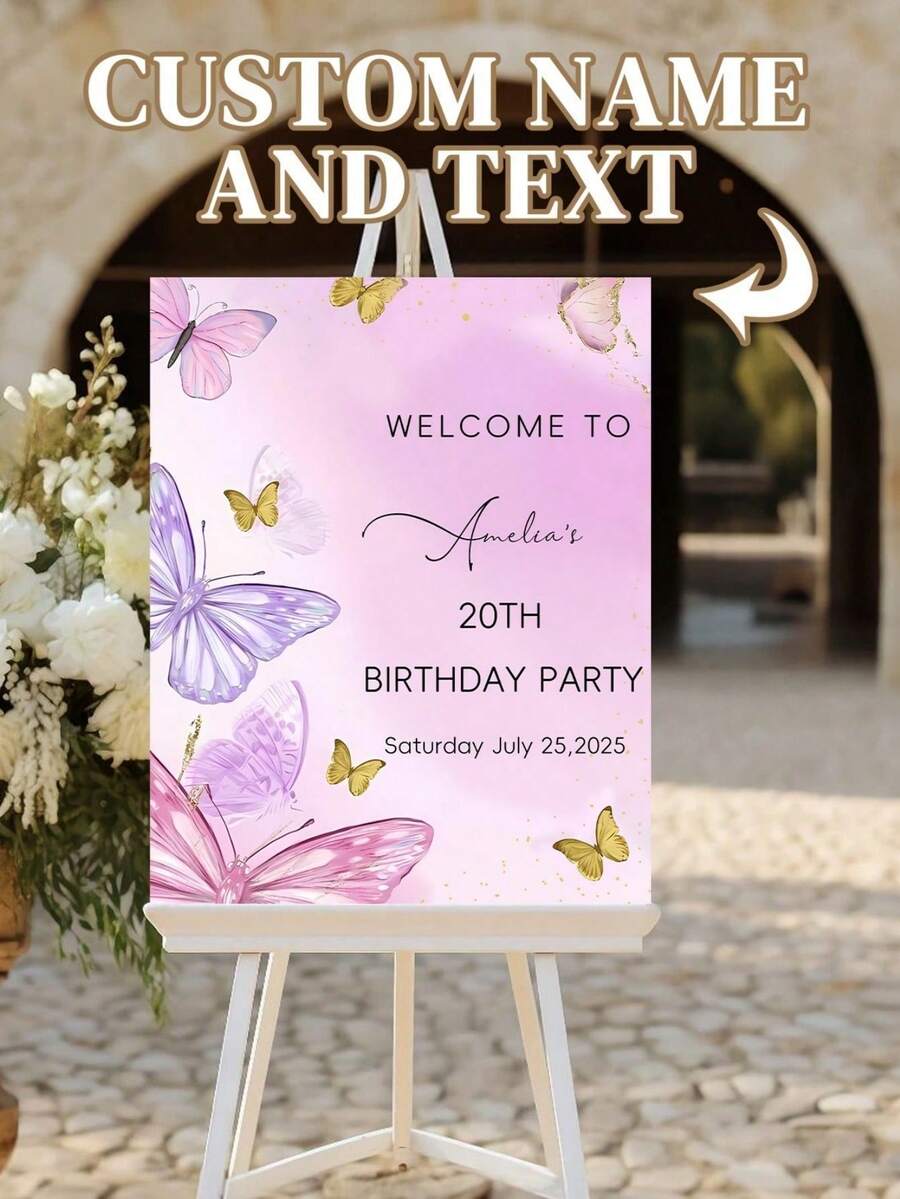 Bảng chào mừng sinh nhật cá nhân hóa - Văn bản và tên tùy chỉnh, trang trí hoa và bướm màu hồng trang nhã, trang trí tiệc sinh nhật trong nhà/ngoài trời tông màu nhẹ nhàng - Trang trí sinh nhật