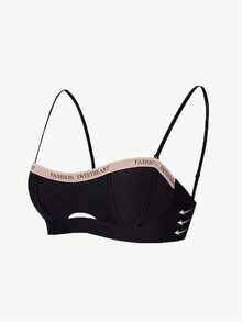 Sujetador inalámbrico cómodo, transpirable y sin costuras con estampado de letras negras para mujer - Negro - Ver 2