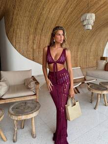 MORI 2026春夏新款女士酒红色系带深V领上衣搭配铅笔裙针织两件套，性感别致，波西米亚风，优雅浪漫，适合泳池派对、海滩度假、约会之夜、沙滩装、夏季度假套装 - 酒紅色 - 查看 4