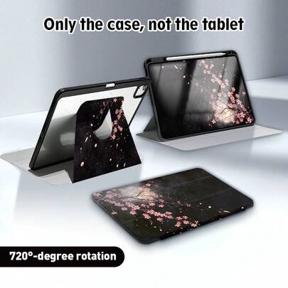 1pc Pink Sakura Pattern Flip Cover Tablet Case With Pen Slot, 720 Degree Rotating Stand, PU Leather Case With Auto Sleep/Wake Function, Suitable For Huawei, Honor, Apple, , And Other Tablet Brands, Suitable For Back To School, Valentine's Day