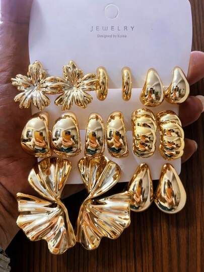 16pcs 2026 New Fashion Gold-Tone Women Earrings Set, Including Floral, 5-Petal Flower, Teardrop, Heart, Small C-Shape Designs, Fashionable And Elegant. Made Of ABS Resin With Gold Plating, Fade-Resistant And Hypoallergenic, Suitable For Daily Wear, Parties, Gifts For Girlfriend, Mother