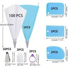 16 Piping Nozzles, 2 Converters, 2 Purple Zip Ties, 3 Blue Cream Scrapers, 1 12 Inch EVA Piping Bag, 100 Disposable Piping Bags, 124 Piece Set, Essential For Baking, Cake Decoration Tool Set, Valentine's Day Gift - 彩色 - 查看 8