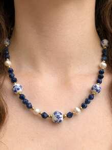 1pc Ceramic Bead & Faux Pearl Flower Necklace, Bohemian Style Blue Ceramic Necklace, Suitable For Women's Daily Wear, Dating, Party, Beach Vacation, Jewelry Gift - Multicolor - View 8