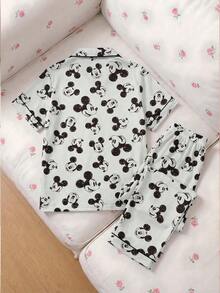 Disney Bộ đồ ngủ 2 mảnh in hình chuột  dành cho bé gái tuổi teen, kiểu dáng dễ thương, thoải mái, tay ngắn, quần cạp chun, chất liệu mềm mại, thoáng khí như lụa, phù hợp mặc ở nhà trong mọi mùa. - Màu Xám nhạt - Xem 2
