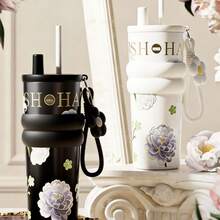 Portable 710ml Thermal Mug With Floral Print And Decorative Pendant Included. Made Of Stainless Steel, 100% Leak-Proof And Non-Slip. Keeps Drinks Hot Or Cold For 12 To 24 Hours. Ideal For Water, Iced Tea, Coffee, Milkshakes And Other Beverages. Perfect For Use In The Office, School, Gym, Sports, Travel And In The Car. An Excellent Gift Option For Special Occasions Or Birthdays. - Rosa - 查看 4