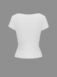 Vaiaye Women's Sexy Fitted Knit Top, Solid Color Square Neck Casual T-Shirt, Spring/Summer White - White - View 4