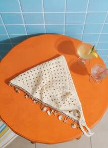 Joivida 1pc Women Bandana Beige Seashell & Starfish Crochet Hollow Out Tasseled Headband, Summer Bohemian Hair Accessories, Suitable For Daily Wear, Sports, Beach, & Holiday Matching Fashion Head Wrap Casual Hair Bands, Headscarf Fall Winter For Vacation Outfits Woman - Beige - View 1