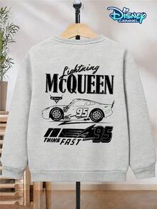 Boys' Crew Neck Pullover Sweatshirt, Gray, Loose Fit, Front With Lightning 95 Logo Print, Back With "Lightning McQueen" Lettering And Lightning McQueen Racing Car Line Print, Disney's "Cars" Theme, Suitable For Children Aged 5-12, Skin-Friendly And Breathable, Suitable For Spring, Autumn, And Winter, Appropriate For School, Outings, Parties, Theme Parks, Etc. Eye-Catching Racing Car Design, Back-To-School Essential, Machine Washable, Durable, Versatile And Practical, Children's Casual Top, Popular American IP Theme Boys' Sweatshirt, Disney "Cars" Top - 淺灰色 - 查看 4