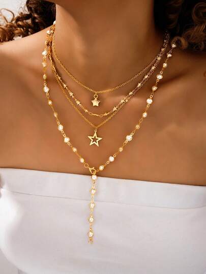 两件套女士项链，多层星形珍珠项链+镂空五角星吊坠项链，时尚复古优雅配饰，适合日常、约会、夏季度假装扮，营造梦幻氛围