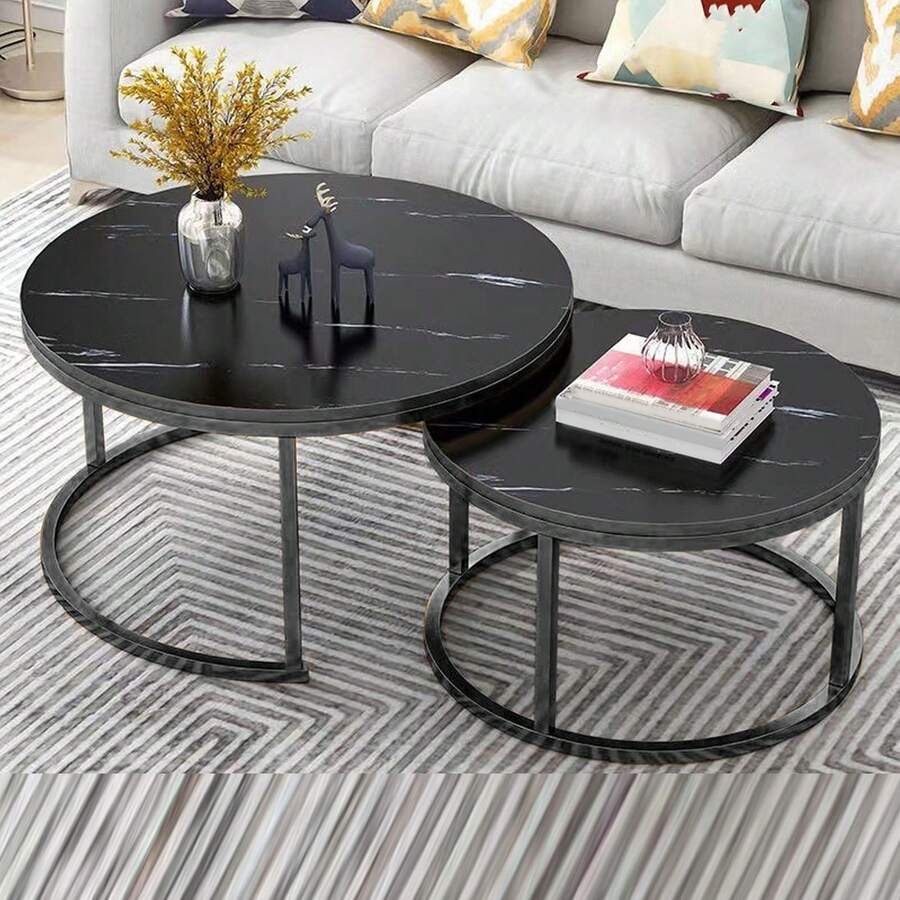Juego de mesa de centro redonda de aspecto moderno, resistente, a prueba de deformaciones, apilable, mesa auxiliar para el hogar, sala de estar y dormitorio. - Negro 1 - Ver 1