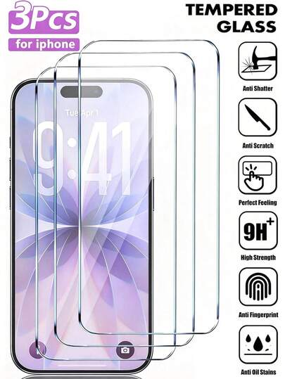 3pcs 9H Hardness Tempered Glass Screen Protector, Transparent Anti-Scratch Anti-Shock Anti-Water, Suitable For IPhone11/12/13/14pro Max/15pro Max/16/16pro/16plus/16pro Max/16e/17/17 Air/17 Pro/17 Pro Max