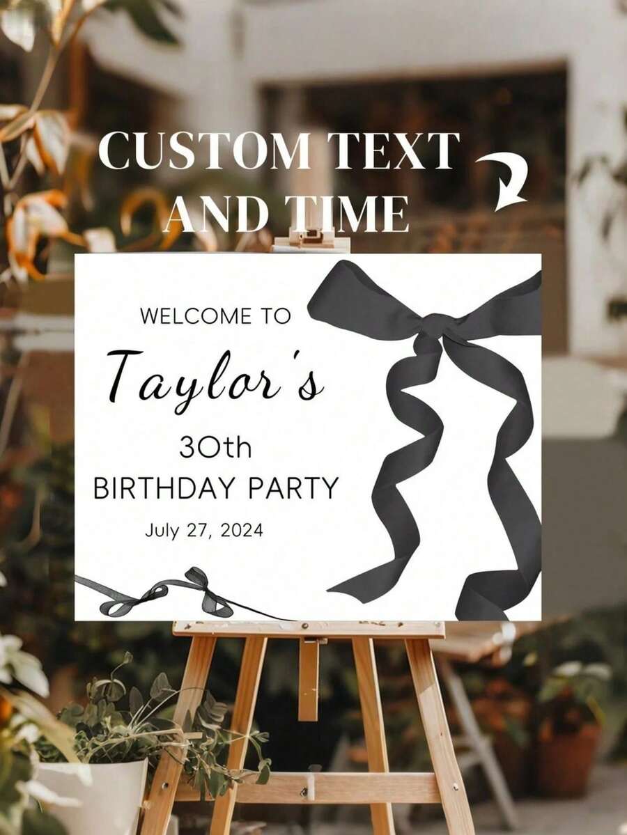 Biển chào mừng sinh nhật tùy chỉnh với nơ đen - Trang trí tiệc sinh nhật cá nhân hóa trang nhã, phù hợp cho tiệc sinh nhật trong nhà, trang trí tiệc sinh nhật.