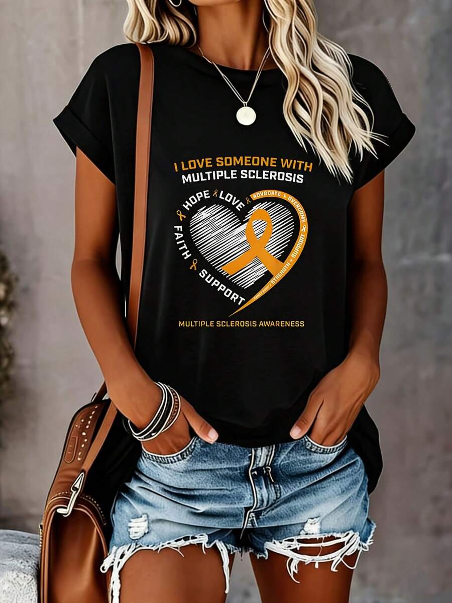 Multiple Sclerosis Awareness Orange Silk Decal Support Love Women's Plus Size Short Sleeve T-Shirt Novelty Crew Neck Top Shirt Casual Funny Oversized Graphic 100% Polyester Tee 1 Pcs 220g - 黑色 - 查看 1